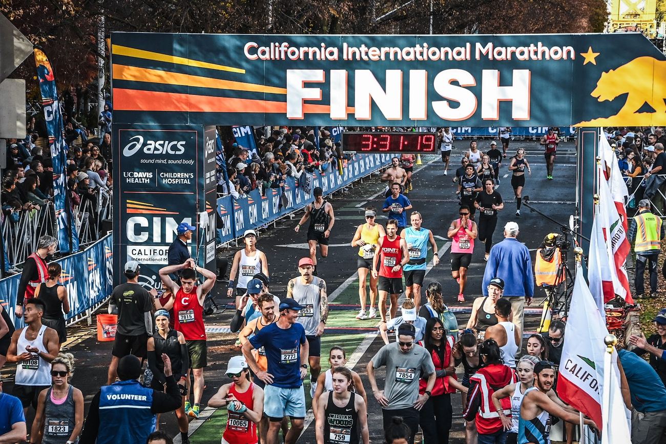 Crossing the finish line at the California International Marathon.
